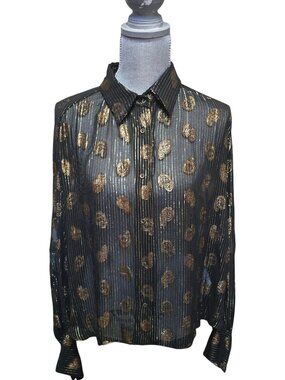 Zara Women's XL Sheer Black Gold Paisley Button Front Long Sleeve Blouse NWT